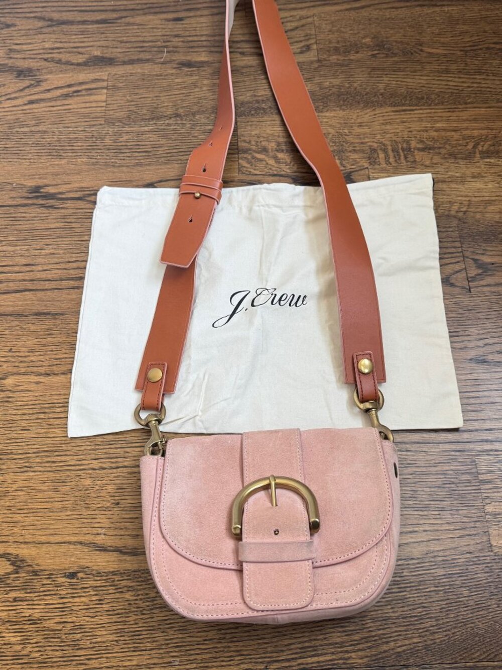 J. Crew Factory Pink Suede Crossbody with Brown Leather Strap